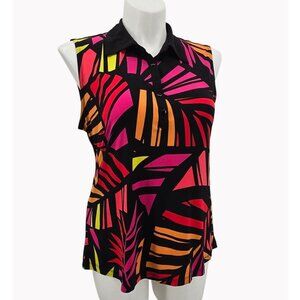Colorful Grace Womens XL Sleeveless Collared Top Black With Bright Leaf Print